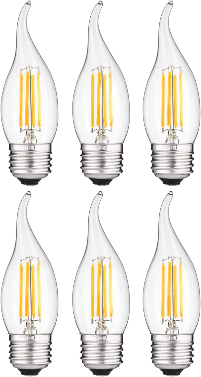 LED Filament CA11 Flame Tip Chandelier Light Bulb, 4 Watts (40W Equivalent), Medium E26 Base, Clear Glass, Dimmable