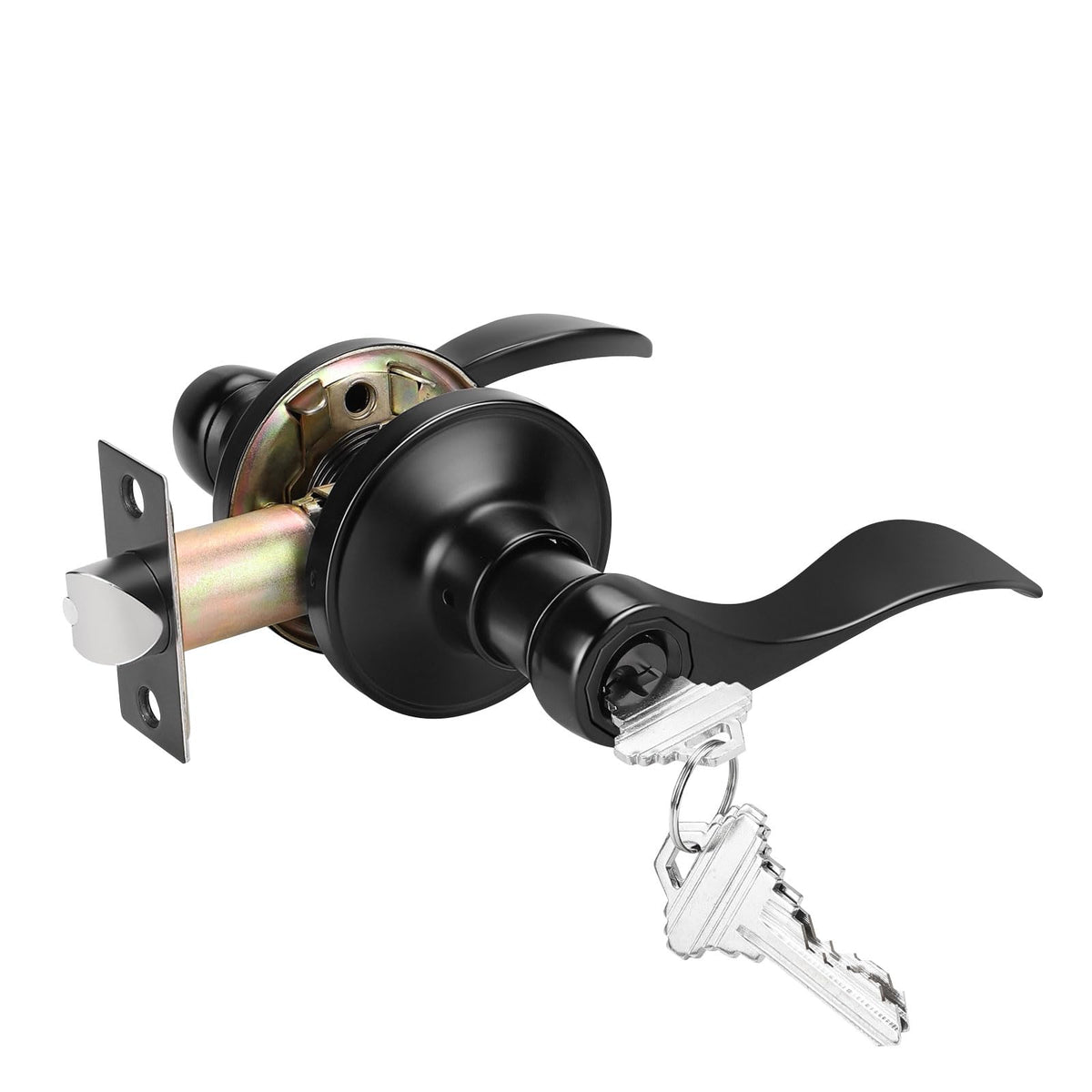 Matte Black Entry Lever, Stainless Steel Wave Style Entrance Handle Exterior Interior Keyed Lock Set for Front or