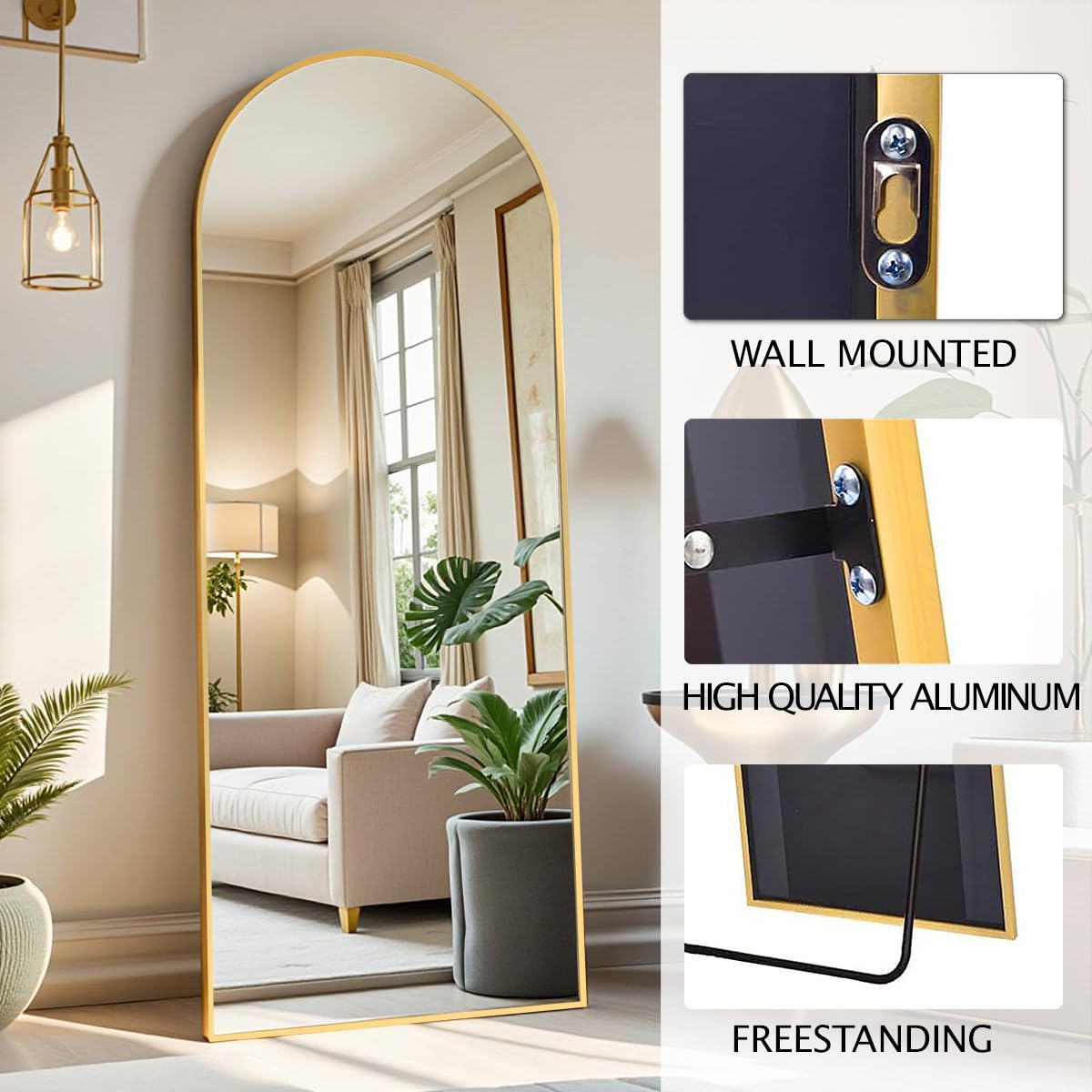 Mirror Full Length, 64"X20" Arched Floor Mirror, Gold