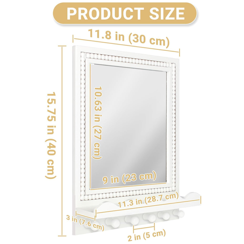 16x12 Inch Wall Mount Beaded Wood Framed Mirror with Shelf and 6 Hooks, White Decorative Entryway Mirror with Storage