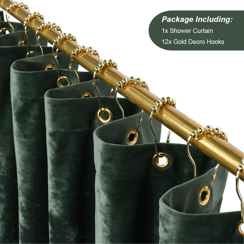 Extra Long Shower Curtain 84 inch Height, Crushed Velvet XL Shower Curtain Set with 12 Gold Hooks, Waterproof Thick