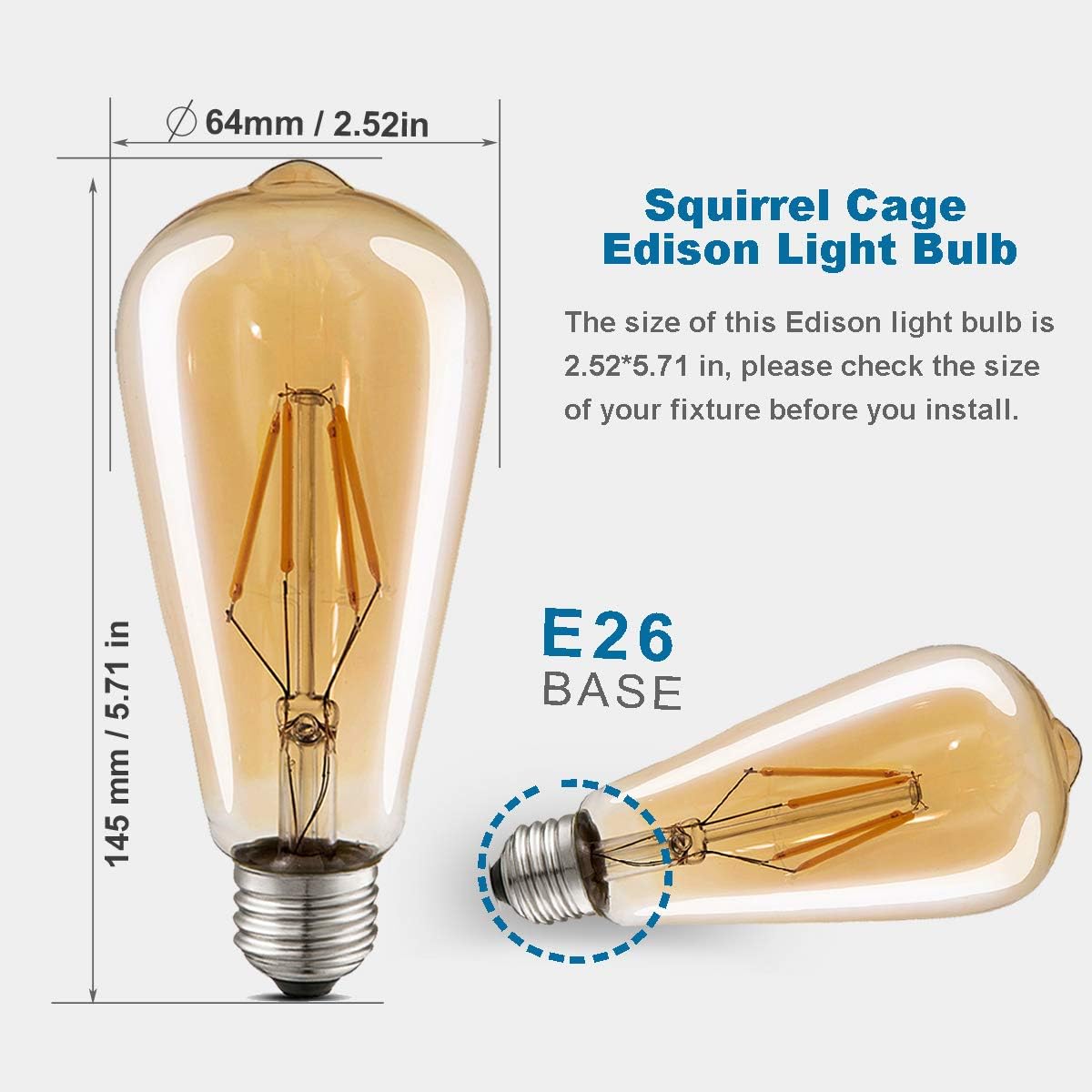 LED Edison Bulbs,Dimmable,ST64 Amber Glass,Vintage 4W E26 Warm,4-Pack