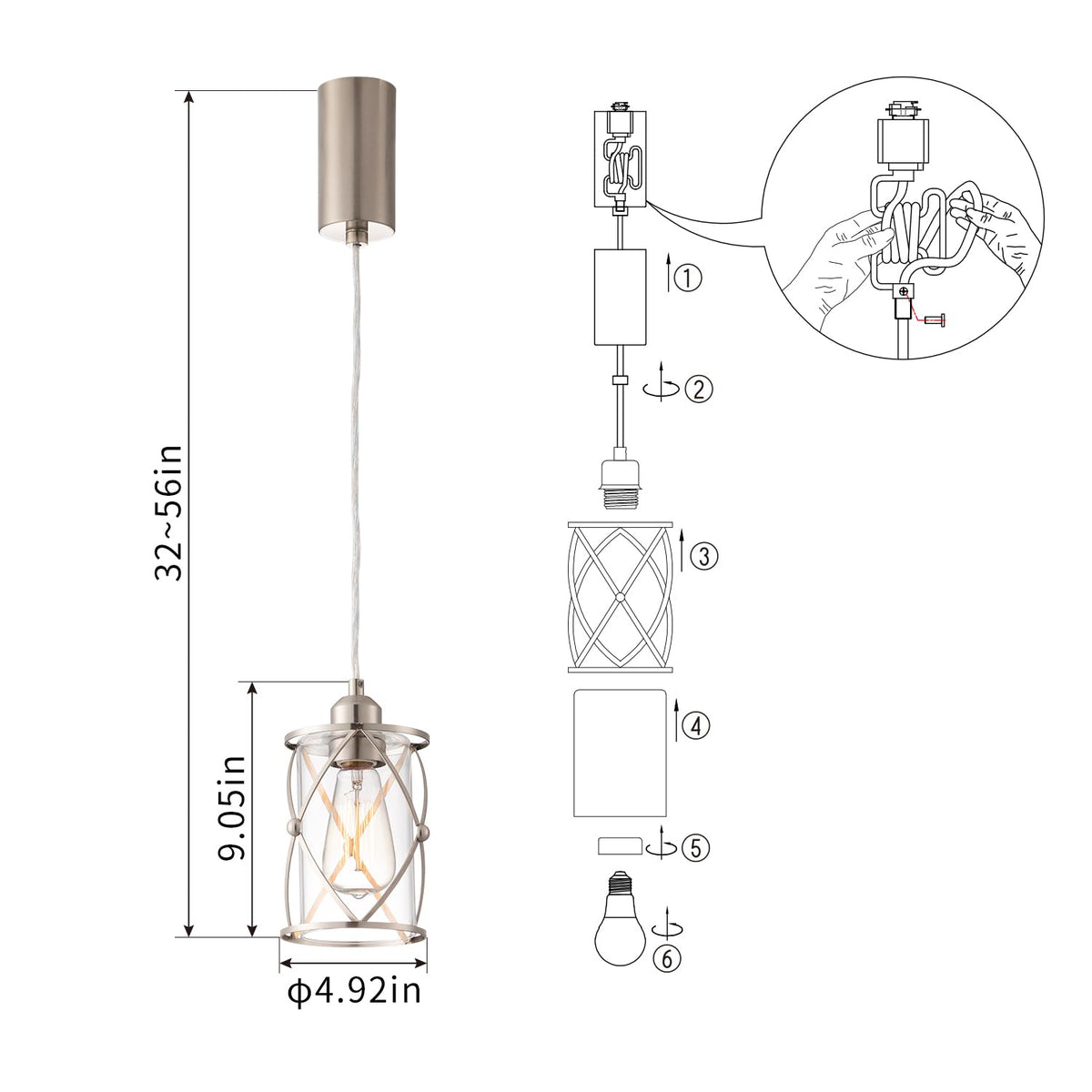 H-Type Brushed Nickel Track Lighting Pendant with Dotted Cage Clear Glass, Adjustable Hanging Light, E26 Socket, Pack
