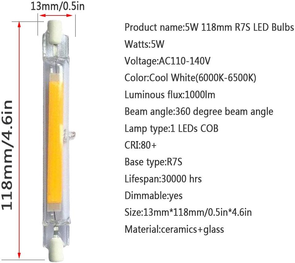 118mm 5W R7S LED Bulb (3 Pack) 50W Halogen Equivalent 118mm J-Type 5W 120V R7S Base 6000K Cool White J Type T3 118mm