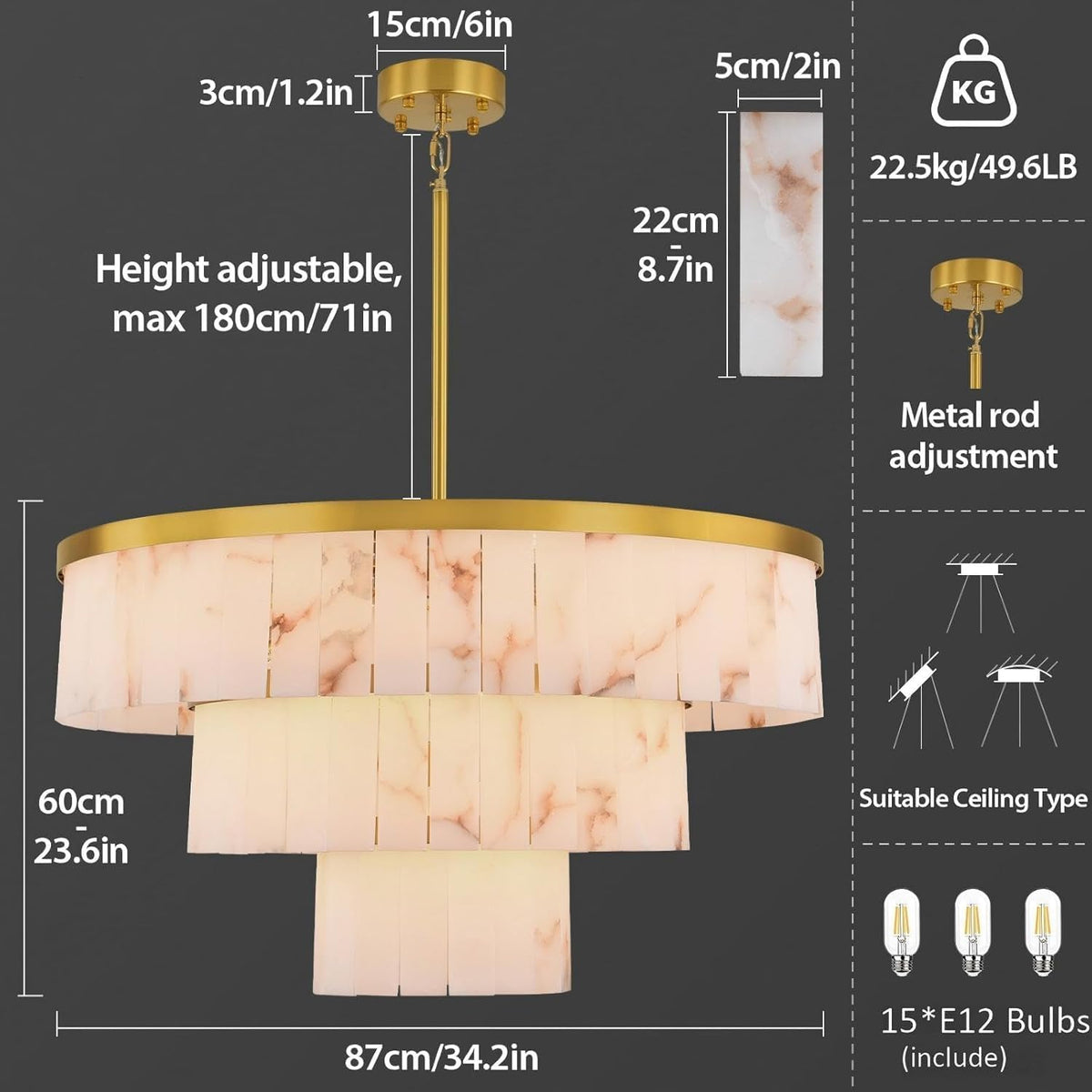 34" Modern 3-Tier Round Chandelier