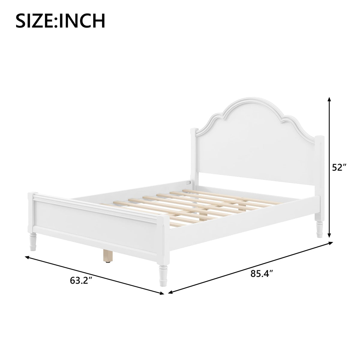Vintage Bed Frame with Arched Headboard, White Wood Bedframe