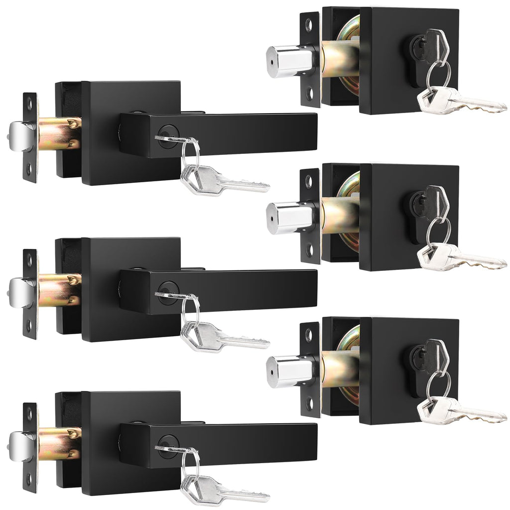 3 Pack Entry Lever Door Handle and Single Cylinder Deadbolt Lock, Heavy Duty Exterior Door Lock Set with Deadbolt