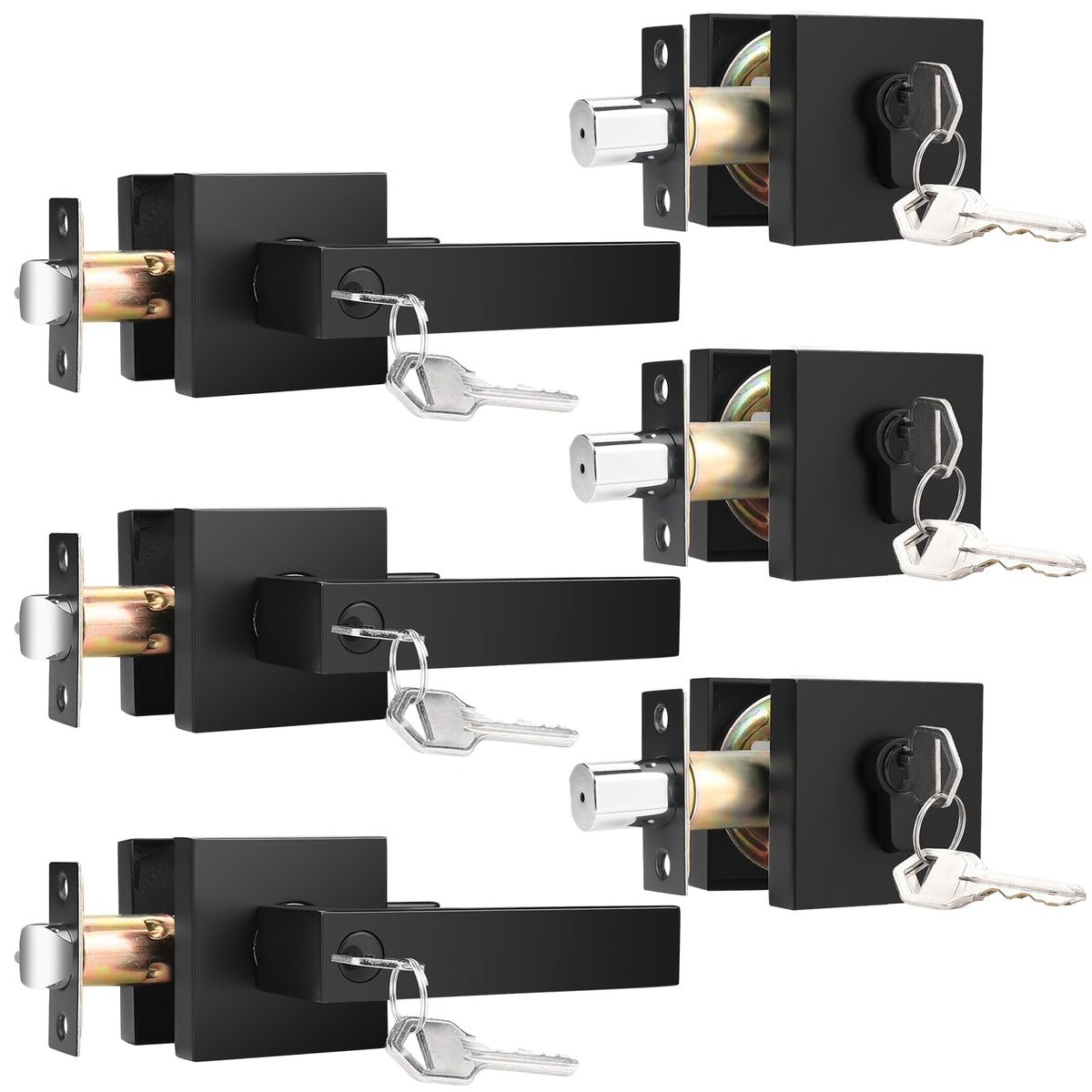 3 Pack Entry Lever Door Handle and Single Cylinder Deadbolt Lock, Heavy Duty Exterior Door Lock Set with Deadbolt