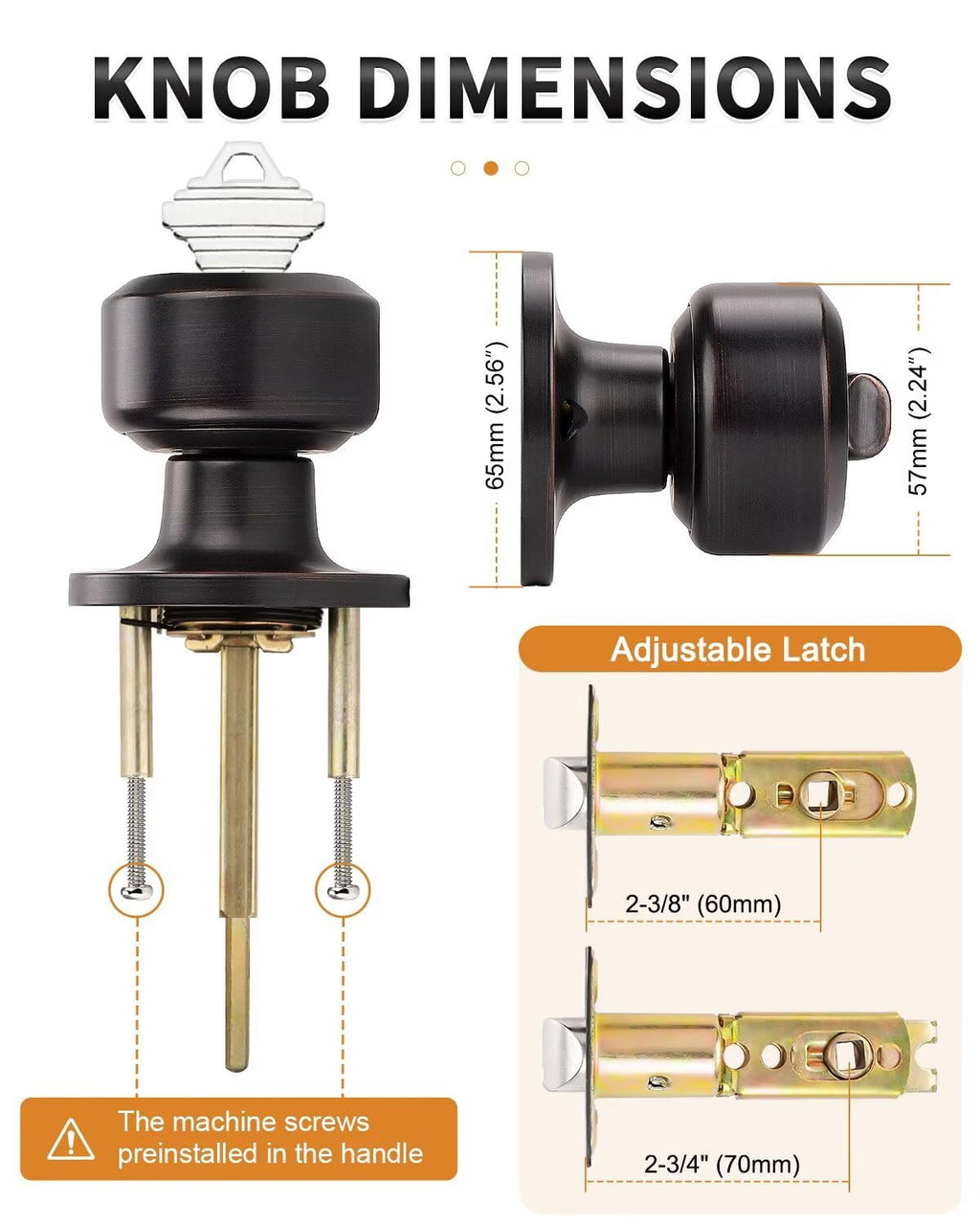 Keyed Alike Entry Door Knobs, Oil Rubbed Bronze Cylindrical Shape Interior Door Knobs with Lock and Keys, 3 Pack