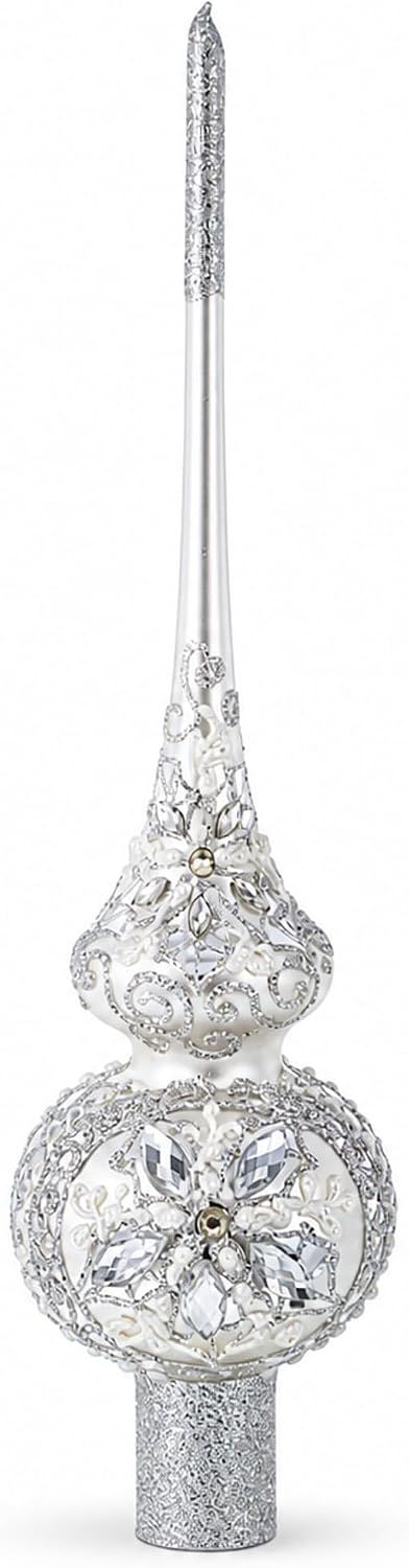 White Jewels Star on Glossy Silver Glass Christmas Tree Topper 11 Inches