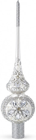 White Jewels Star on Glossy Silver Glass Christmas Tree Topper 11 Inches