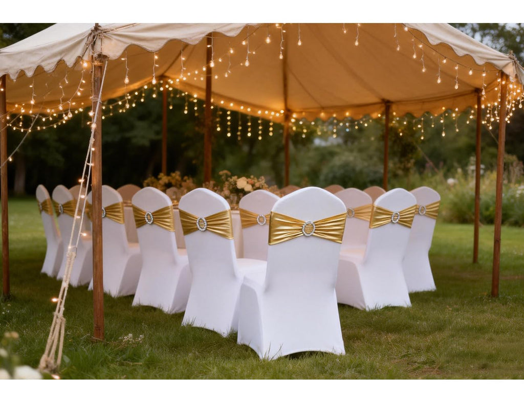 Gold Chair Sashes 100 Pack, Spandex Sashes for Chairs Wedding Reception, Stretch Chair Bands Bows for Party Banquet