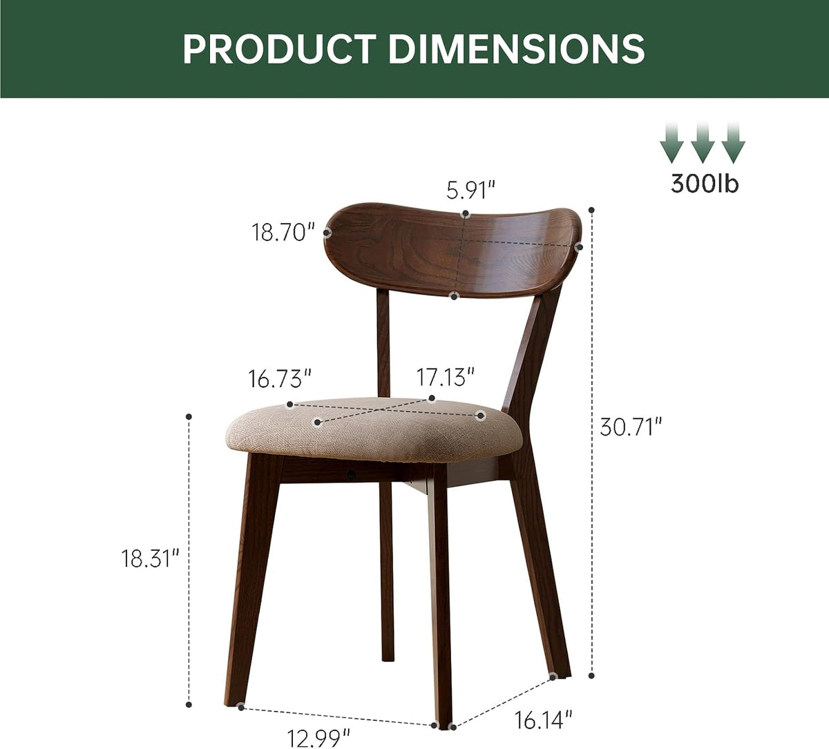 100% Solid Wood Upholstered Dining Chairs, Mid Century Modern Oak Dining Chairs with Curved Back Design with