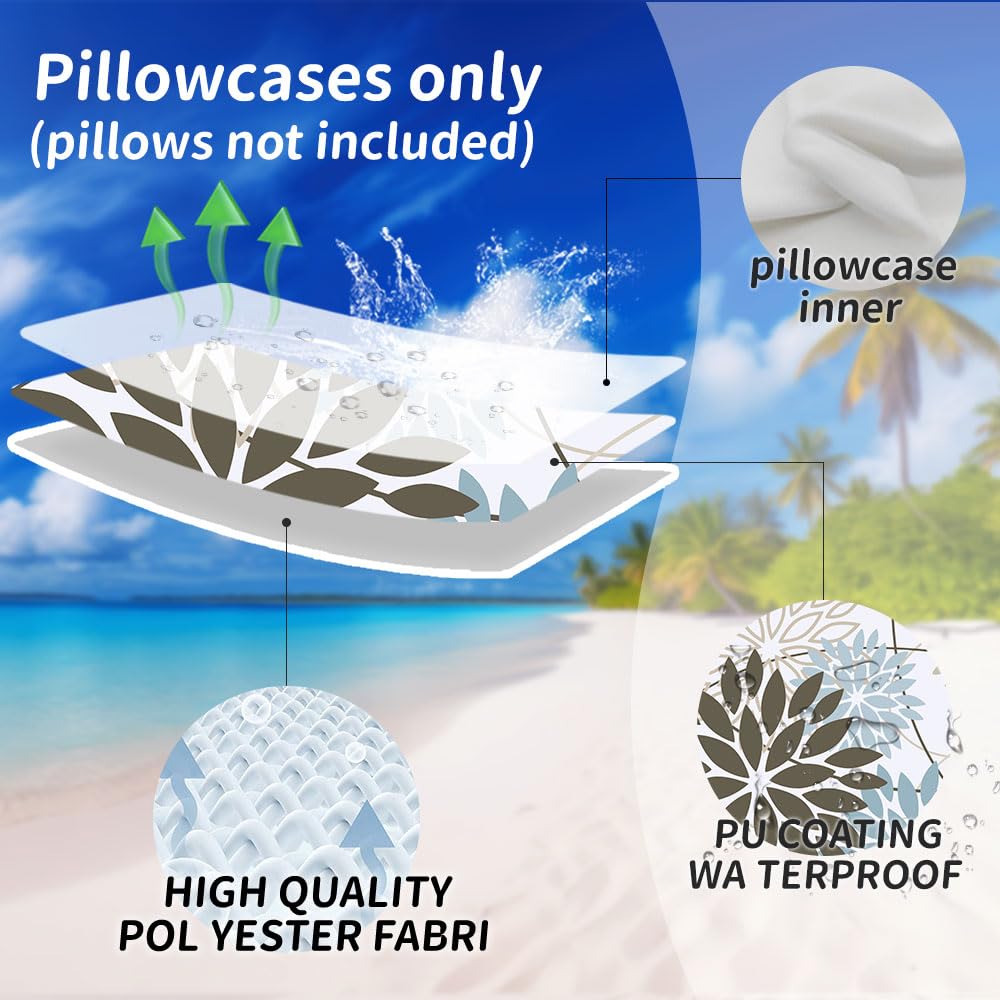 Brown Blue Floral Outdoor Pillow Covers 18x18 Set of 2 Waterproof