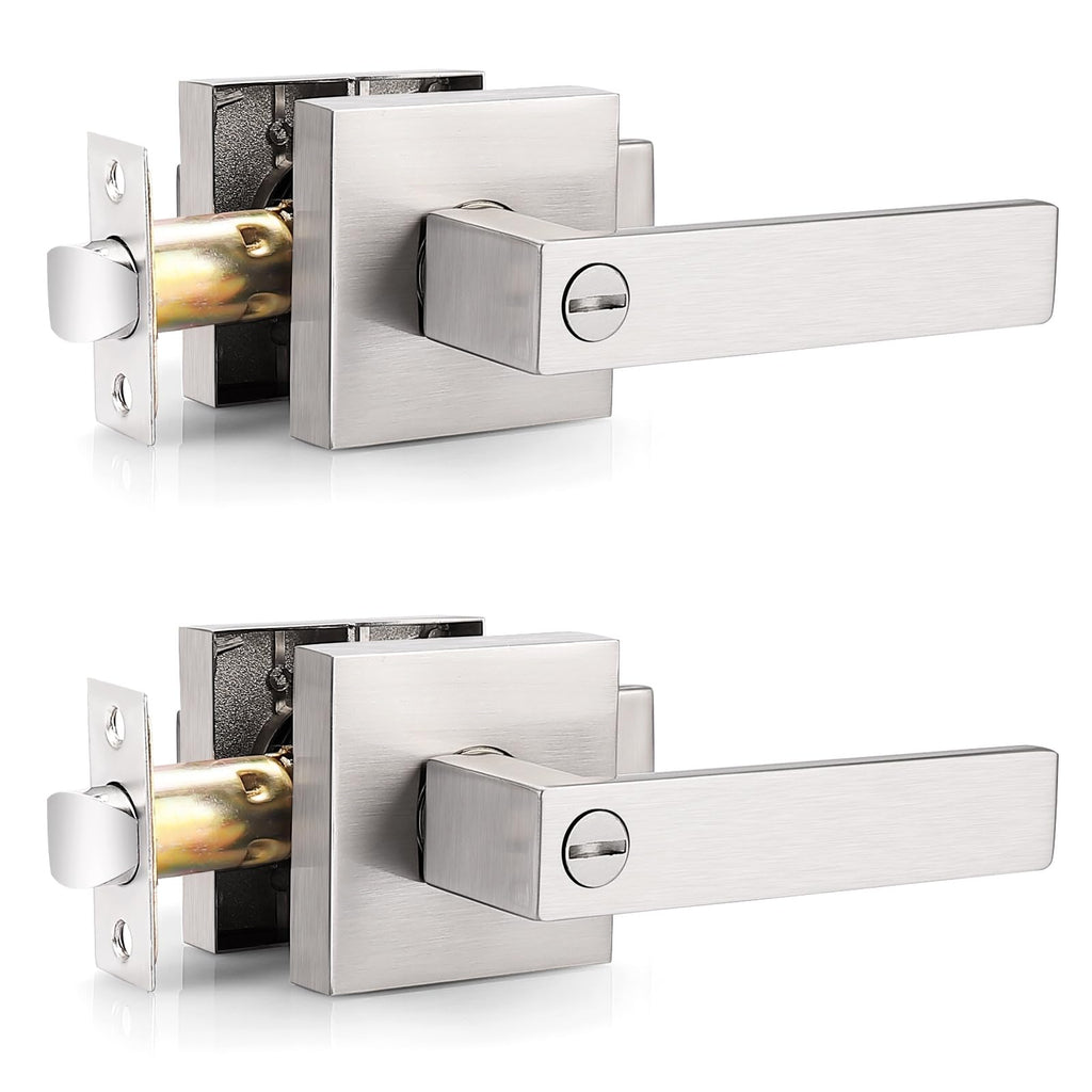 Brushed Nickel Interior Door Handles, ANSI/BHMA Grade 3 Intertek-Verified, 2 Pack Solid Zinc Alloy Square Privacy