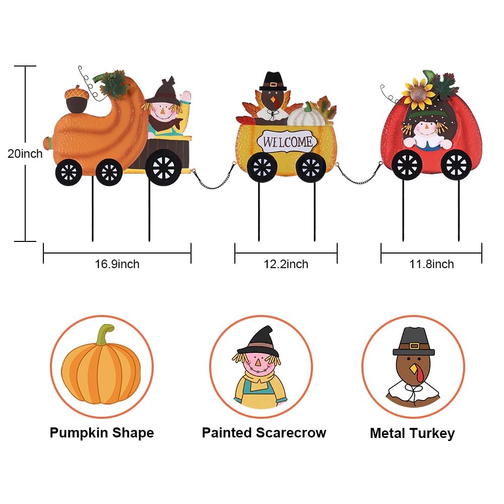 Thanksgiving Outdoor Decor, Set of 3 Metal Pumpkin Train Decorative Garden Stakes with Scarecrow Turkey, Fall Welcome