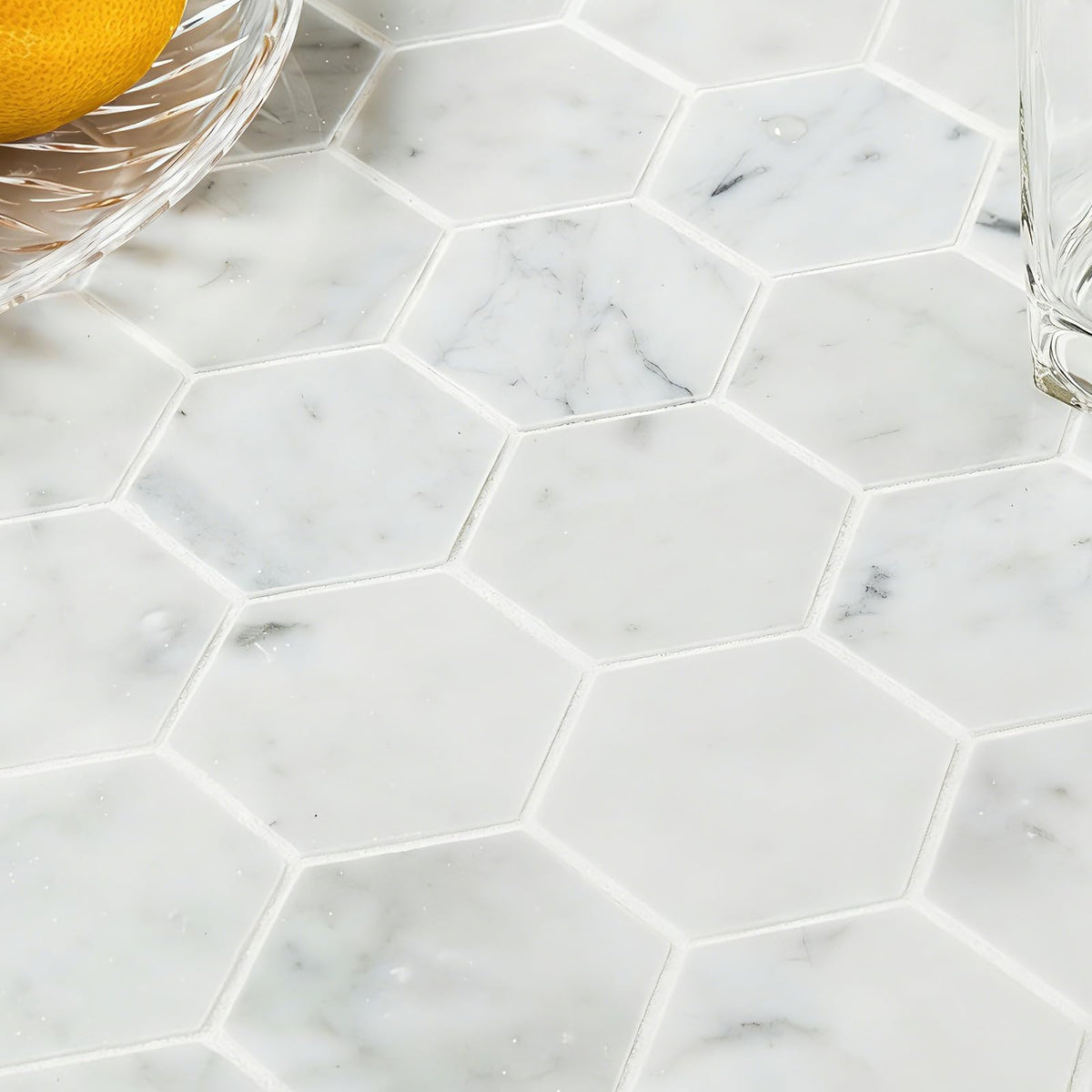 Carrara White Marble Mosaic Tile, 2 Inch Hexagon, Polished, 5 Sheets