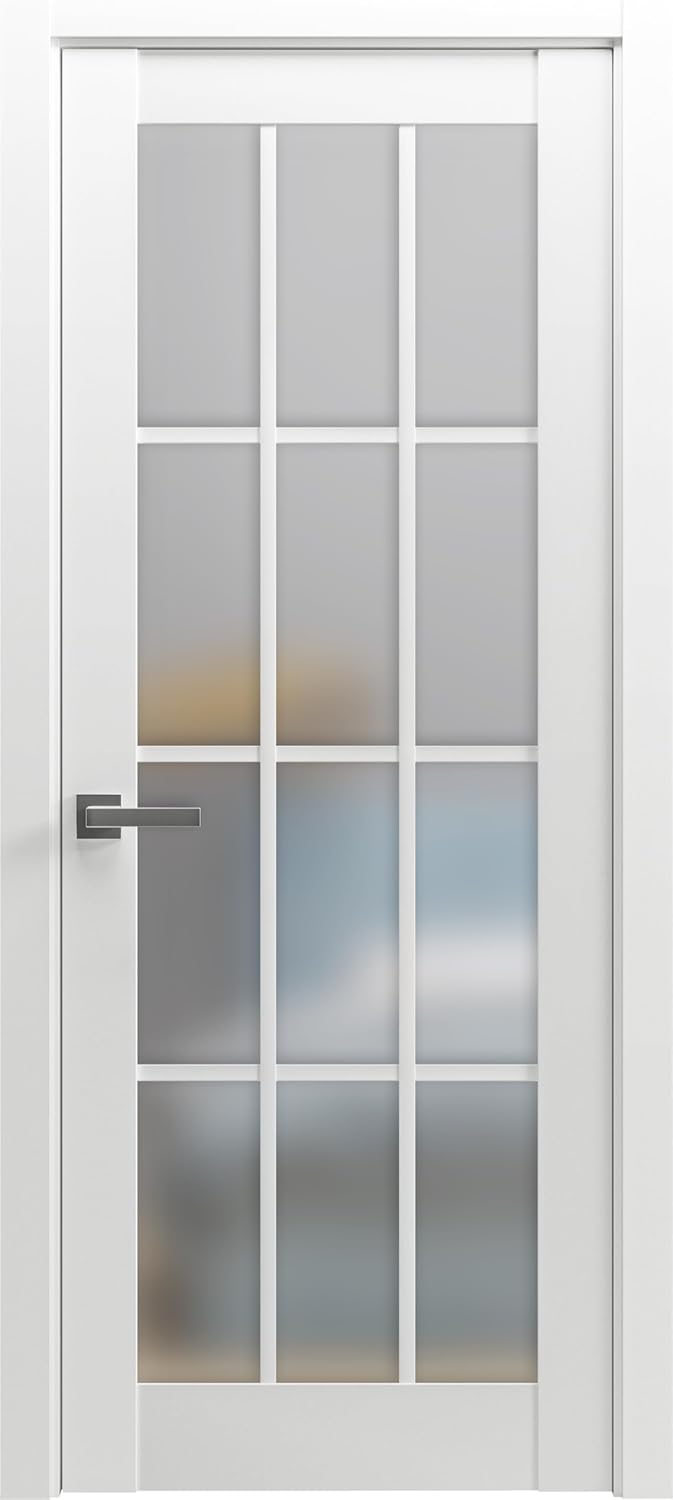 Solid French Door Frosted Glass 12 Lites 32x80 inches | Felicia 3312 Matte White | Single Regural Panel Frame Trims Handle | Bathroom Bedroom Sturdy Doors