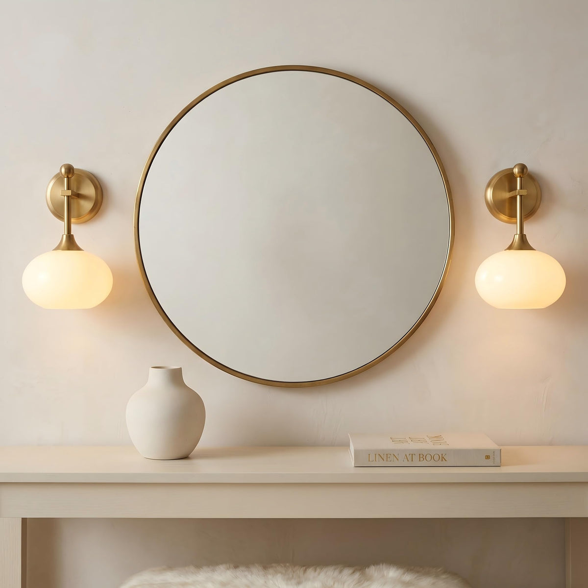 Battery-Operated Modern Brass Wall Sconce Set of 2, Wireless Rechargeable Wall Light with Remote Control, Milk Glass