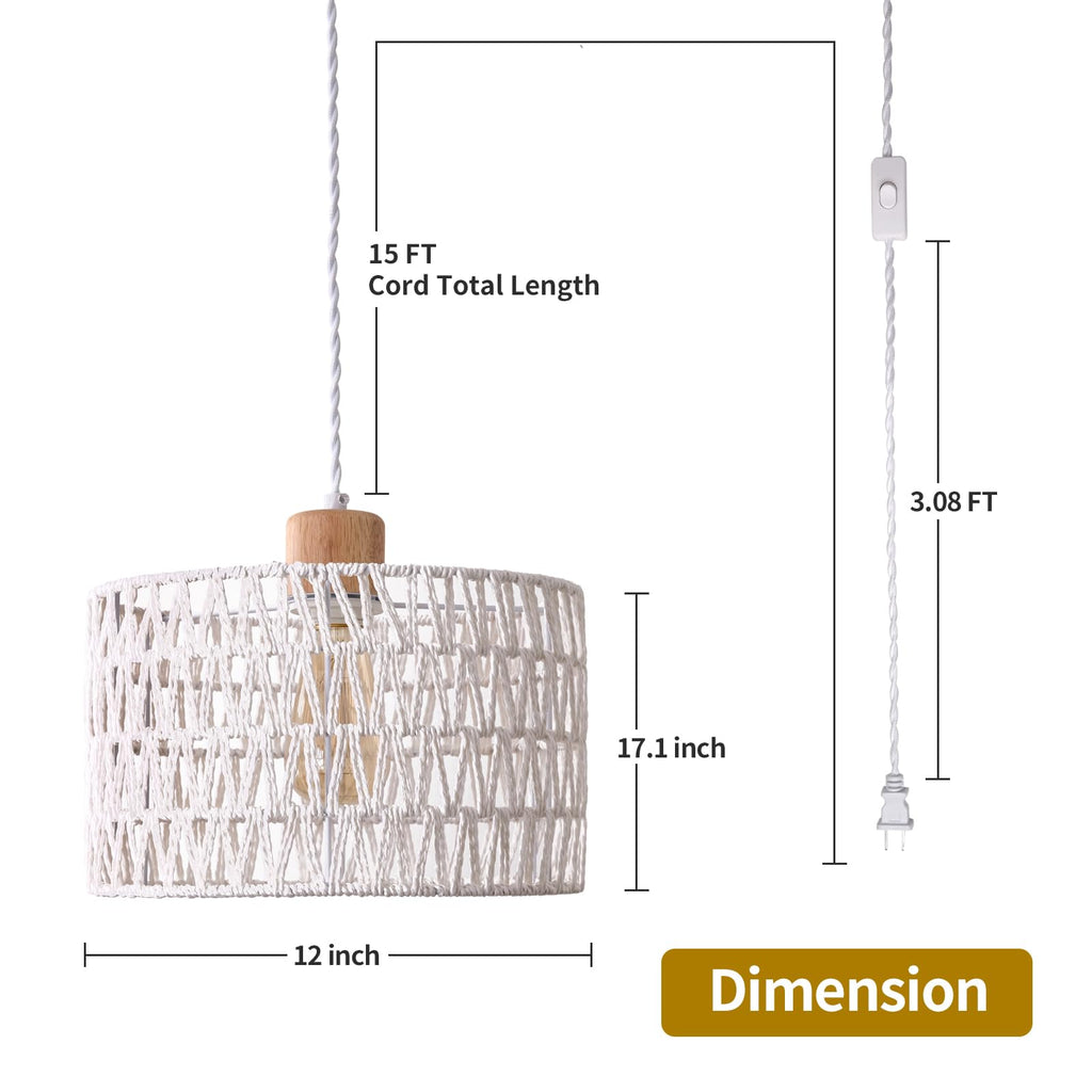 Plug in Pendant Light with Hand Woven Rattan Lampshade, Hanging Lamp with 15 FT Rope Cord On/Off Switch, Boho Pendant