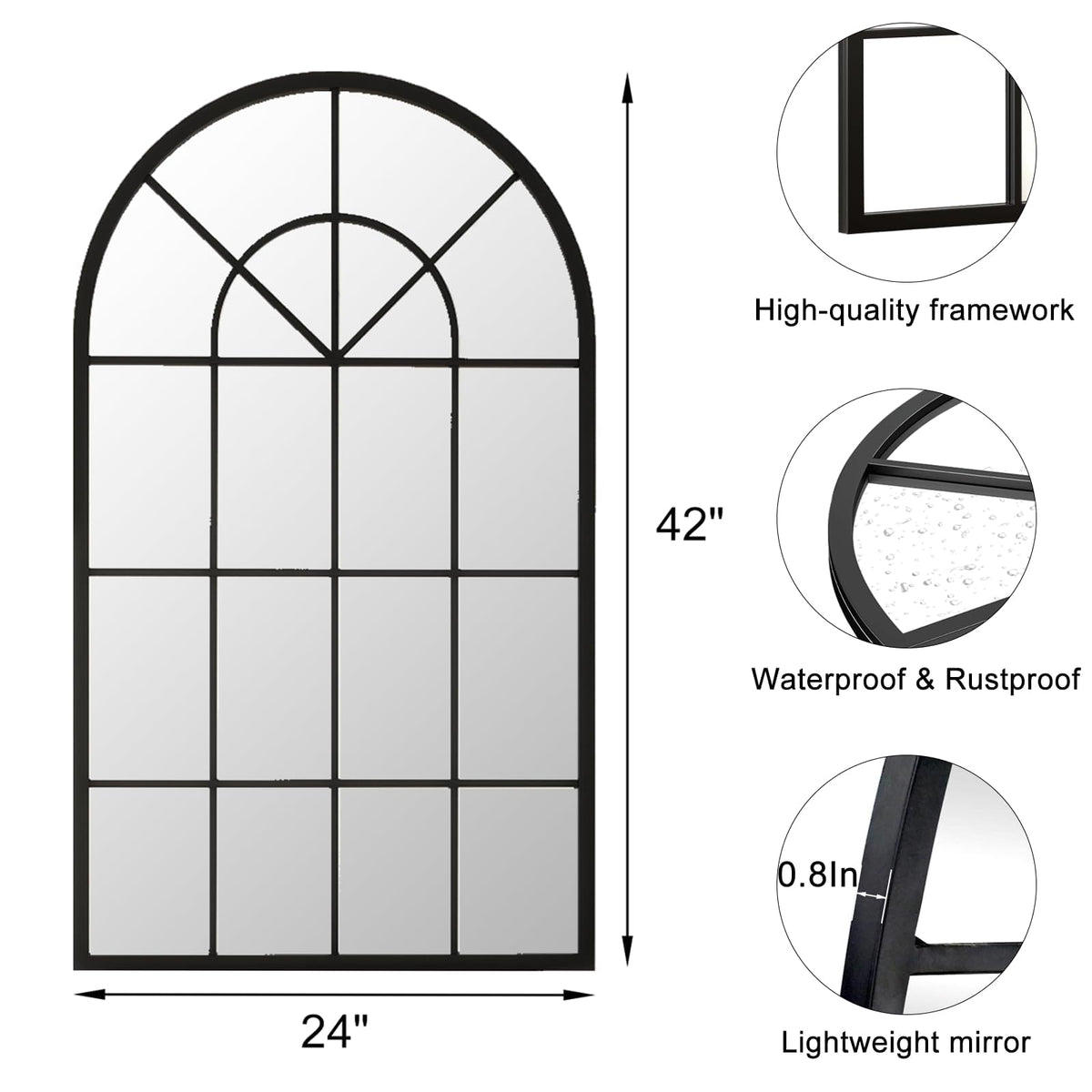 Arched Window Wall Mirror, 42"x24" Windowpane Mirror, Black