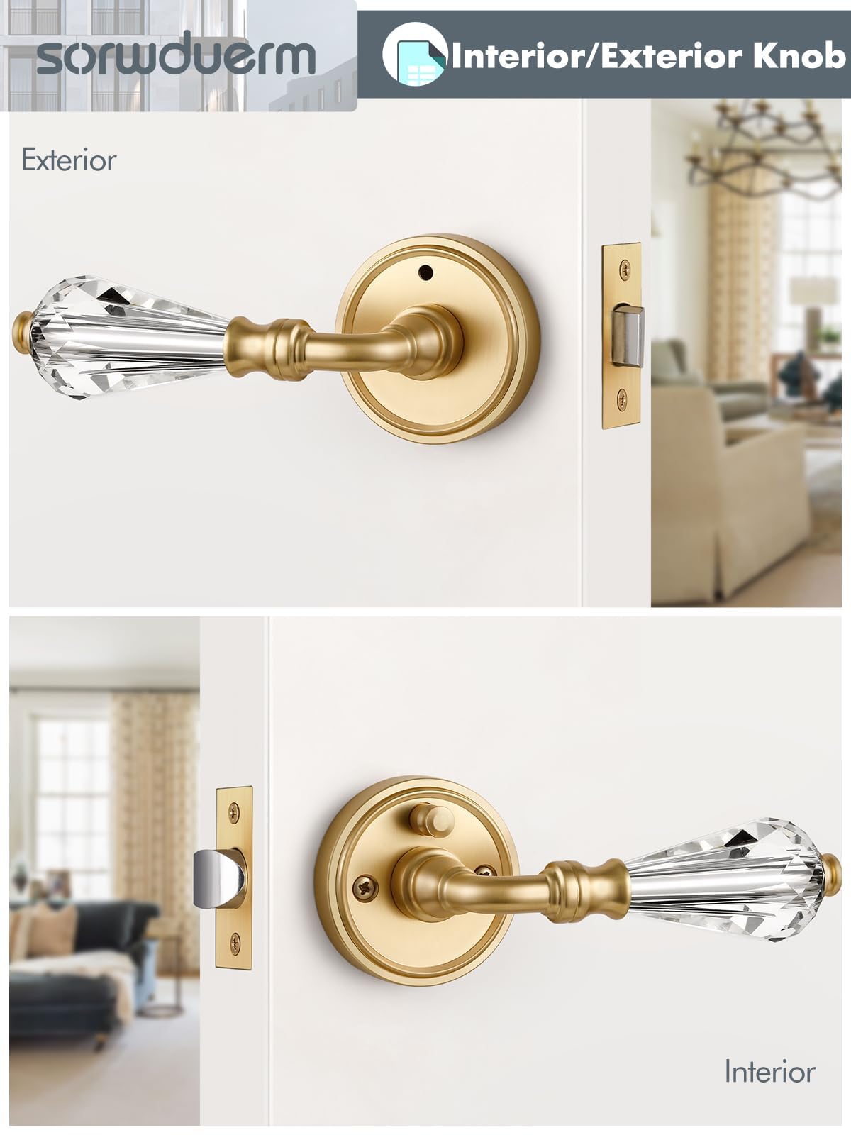 1 Pack Gold Glass Door Lever Privacy Crystal Door Levers Satin Brass Door Lever Interior Brushed Gold Door Handle