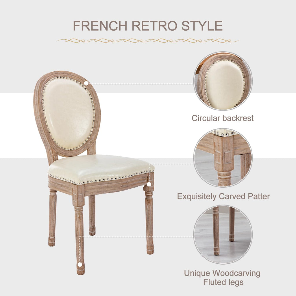 French Country Dining Chairs Set of 6, Leather Dining Chairs with Curved Backrest, Vintage French Accent Chairs