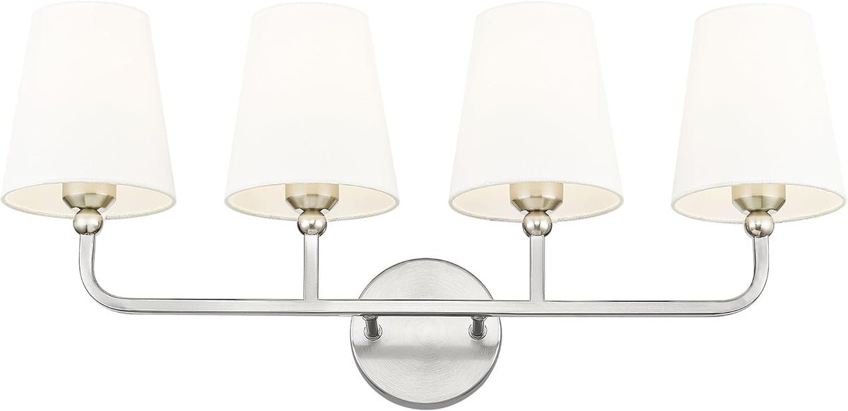 4-Light Brushed Nickel Bathroom Vanity Light, White Fabric Shades | Ideal for 32-42" mirrors, 28" bathroom light