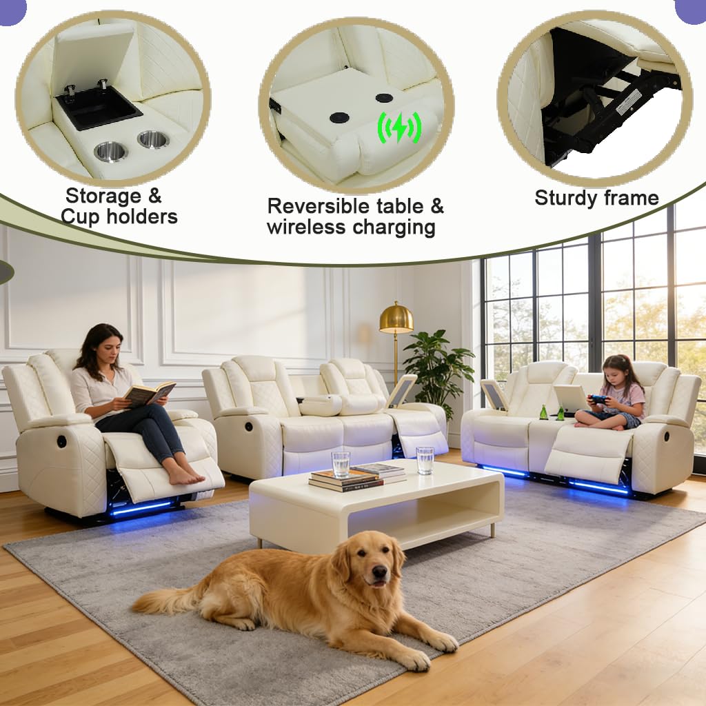 Power Leather Recliner Sofa Set with LED, Leather Living Room Set, Reclining Couch Set with USB Port/Cup