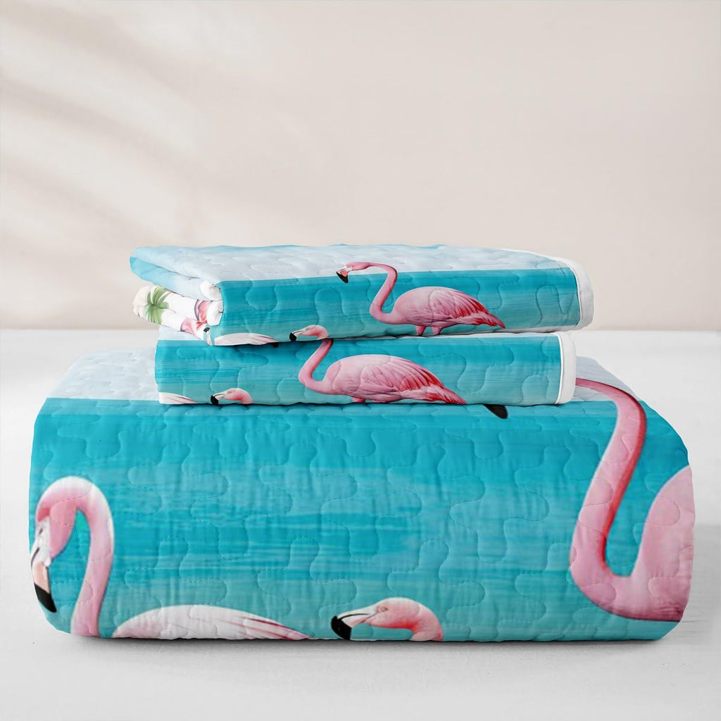 Pink Flamingo Quilt Set Hawaiian Ocean Beach Quilt Cactus