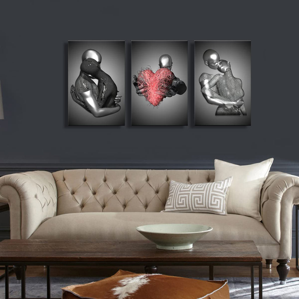 Framed Love Heart 3d Wall Art Romantic Couple Hug Abstract Art Prints Posters Decor Grey Black and White Canvas