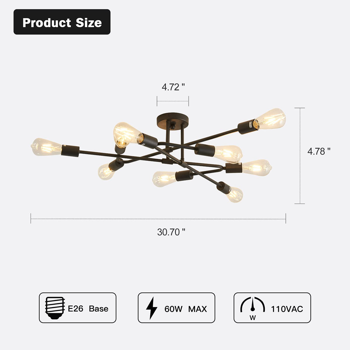 Black Semi Flush Mount Ceiling Light Fixture, 9 Light Modern Metal Chandelier, Ceiling Light Farmhouse Island Dining