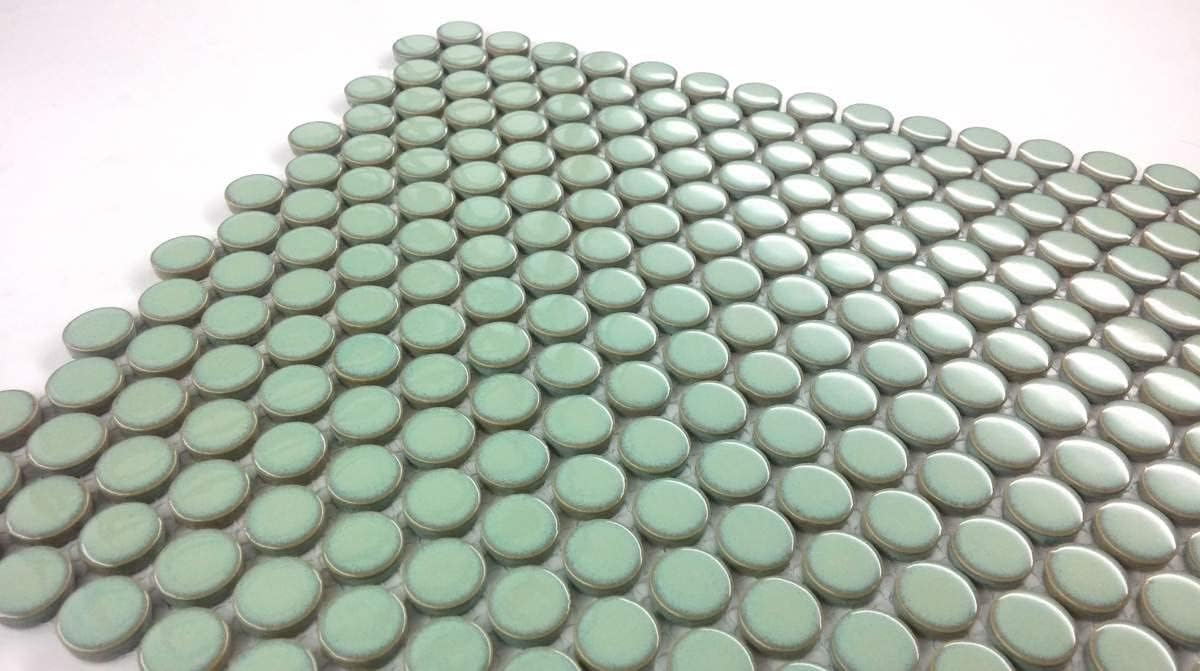 Penny Round Vintage Green Glossy Porcelain Mosaic Tile Floor, Wall, Kitchen Backsplash, Pool Use (Box of 10 Sheets)