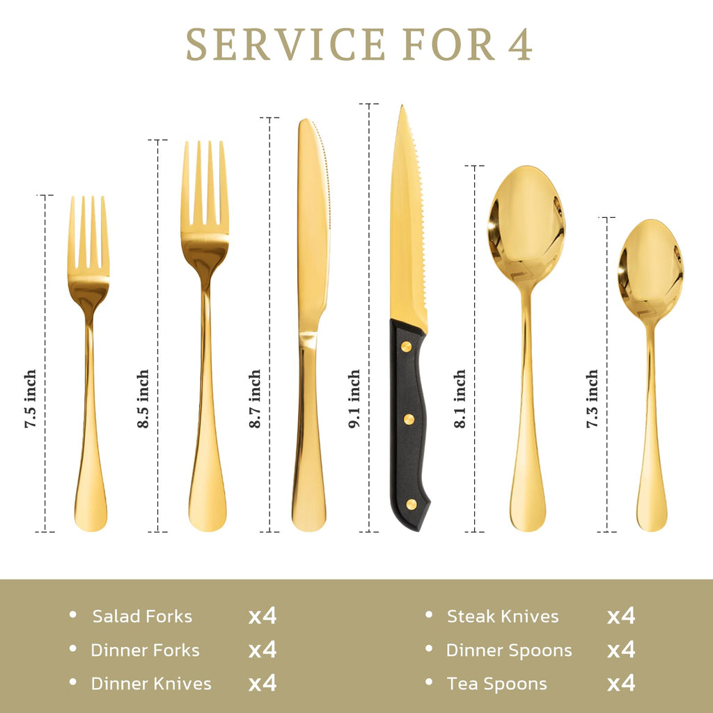 24-Piece Silverware Set with Steak Knives Gold Flatware Set for 4 Food-Grade Stainless Steel Cutlery Set Mirror