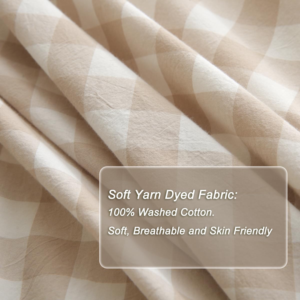 Tan Gingham Plaid Ruffle 3-Piece Duvet Cover Set