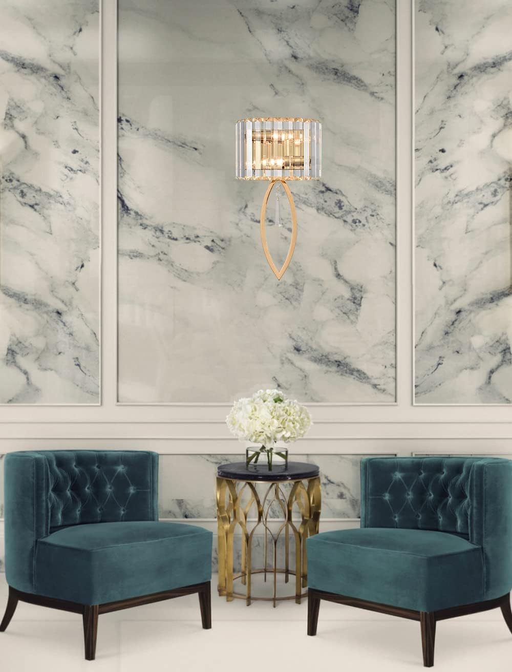 Mid Century Wall Sconces, 2-Light Elegant Crystal Gold Wall Light for Bathroom Bedroom Hallway | Elegant Crystal Gold