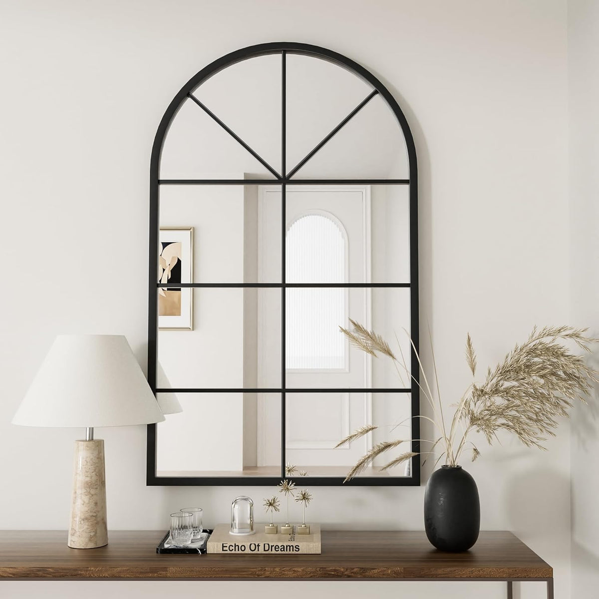Arched Windowpane Mirror, 42"x24" Metal Frame Wall Mirror, Black