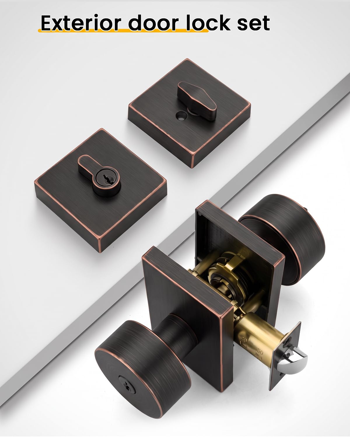 Oil Rubbed Bronze Exterior Door Lock Set, Square Contemporary Keyed-Alike Door Knob and Deadbolt Set, Heavy Duty