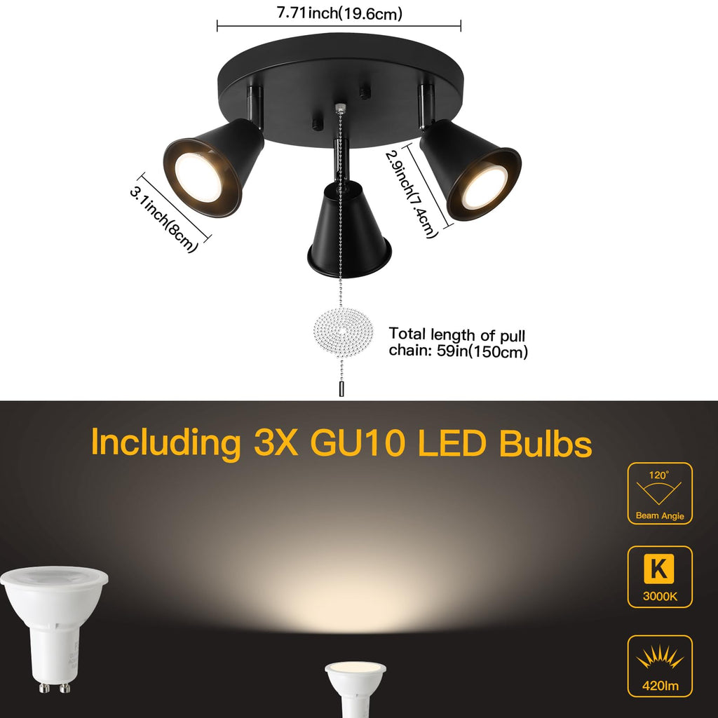 Industrial Directional Track Lighting with Pull Chain On/Off, Black Ceiling Spotlight, Morden Flush Mount
