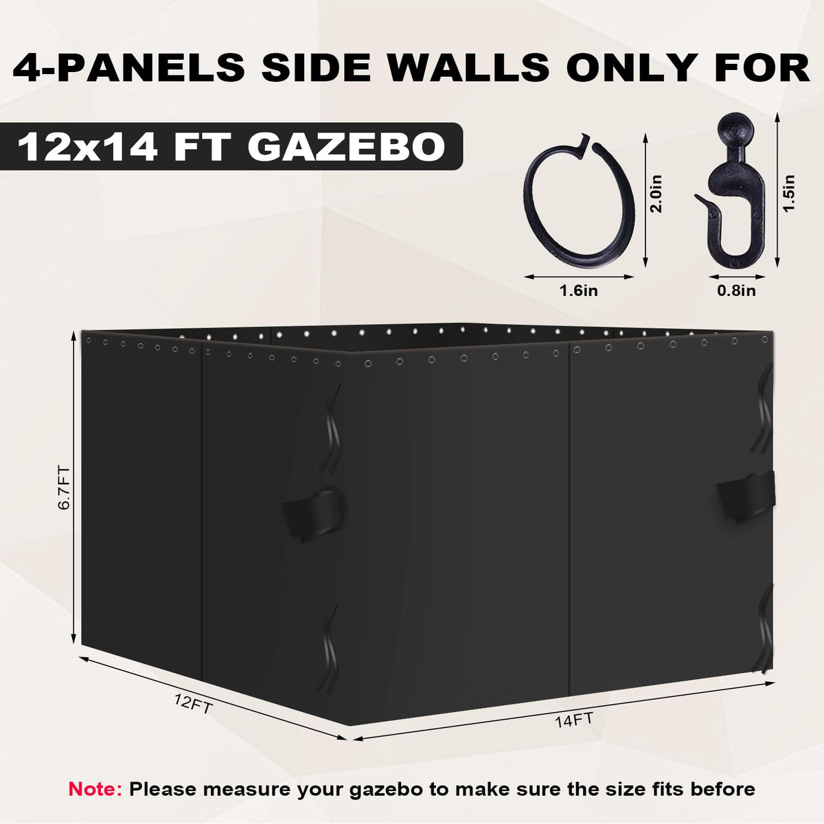 12x14 Gazebo Curtains Outdoor Waterproof, 4 Panel Sidewalls, Black