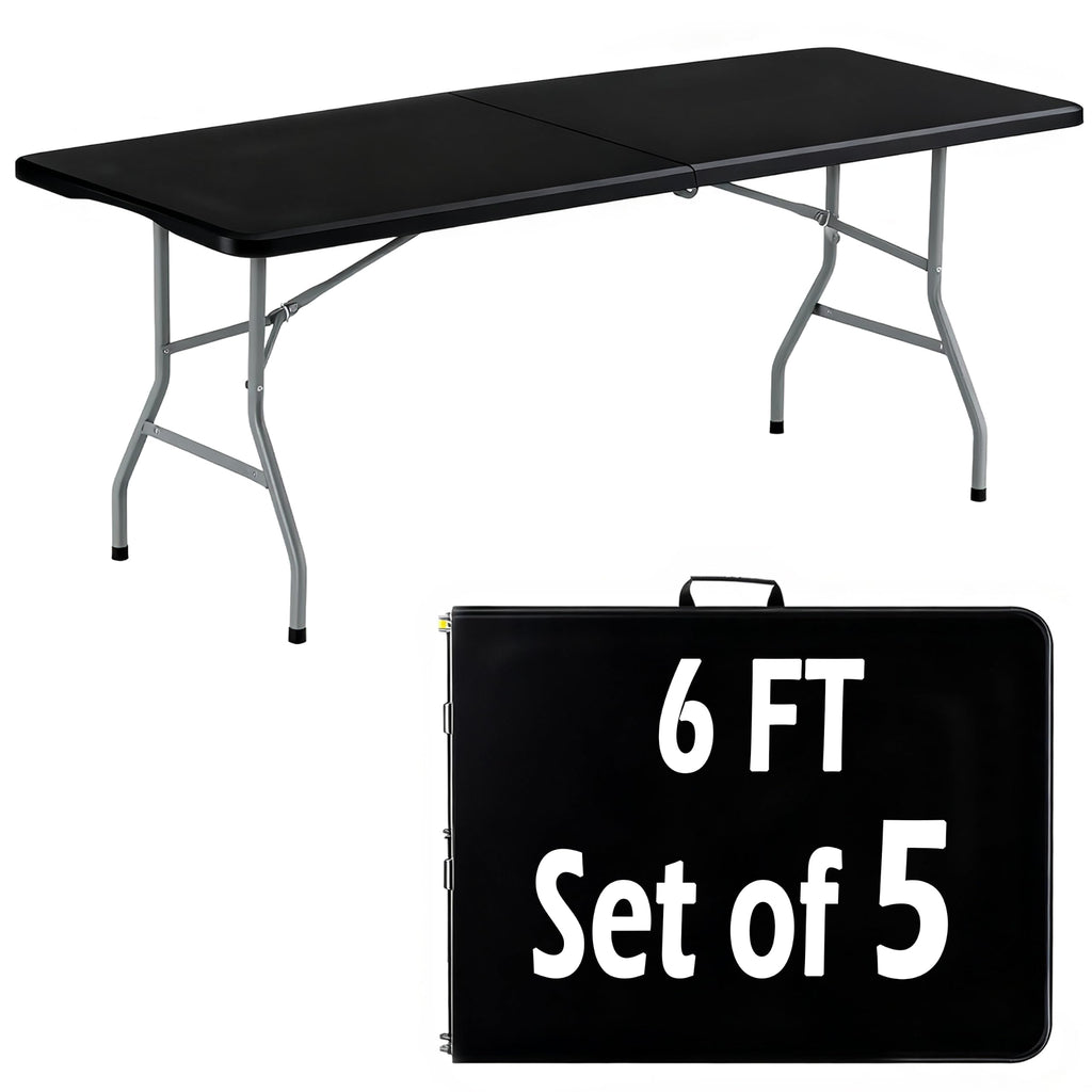 5 Pack 6FT Black Plastic Folding Tables, Fold-in-Half