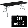 5 Pack 6FT Black Plastic Folding Tables, Fold-in-Half