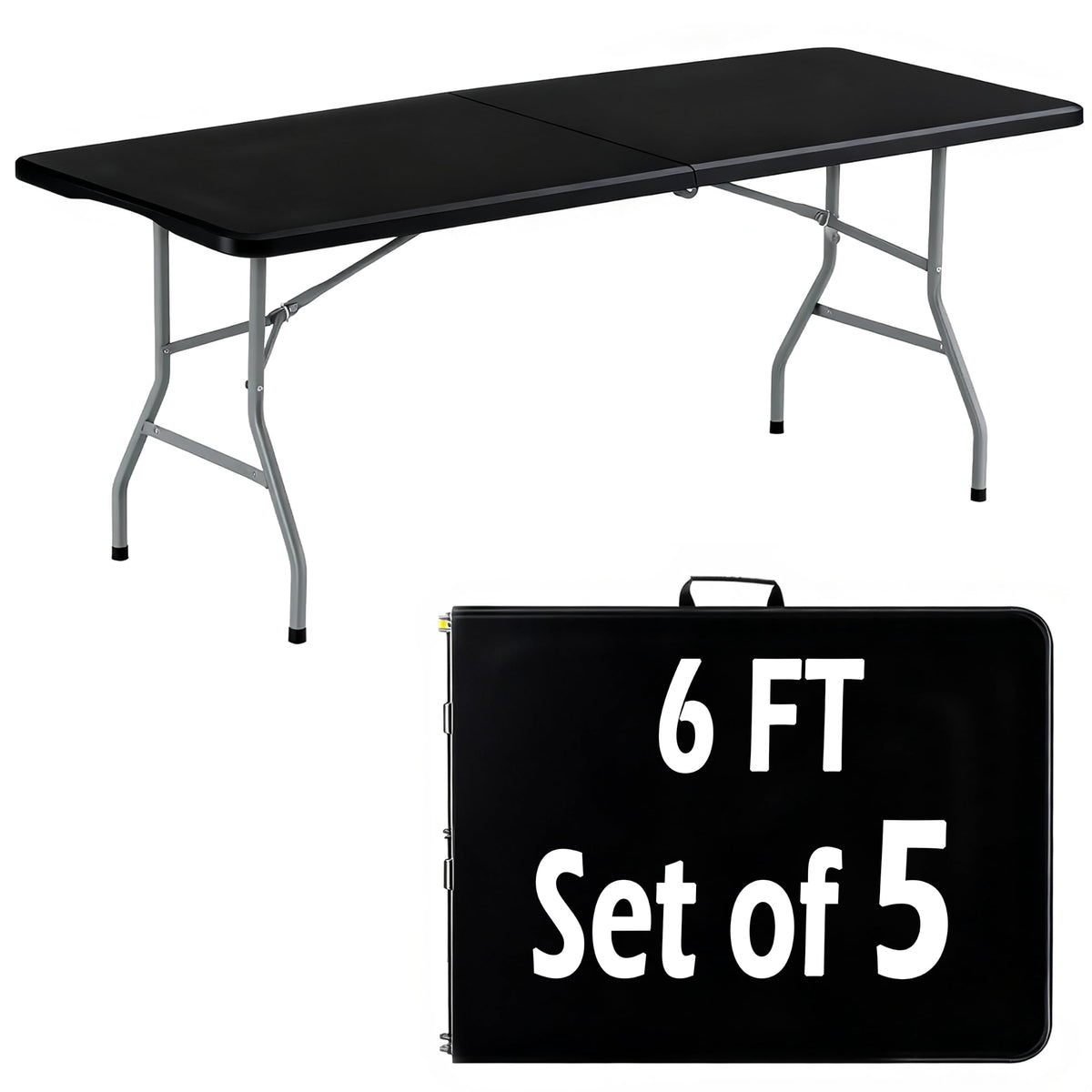 5 Pack 6FT Black Plastic Folding Tables, Fold-in-Half