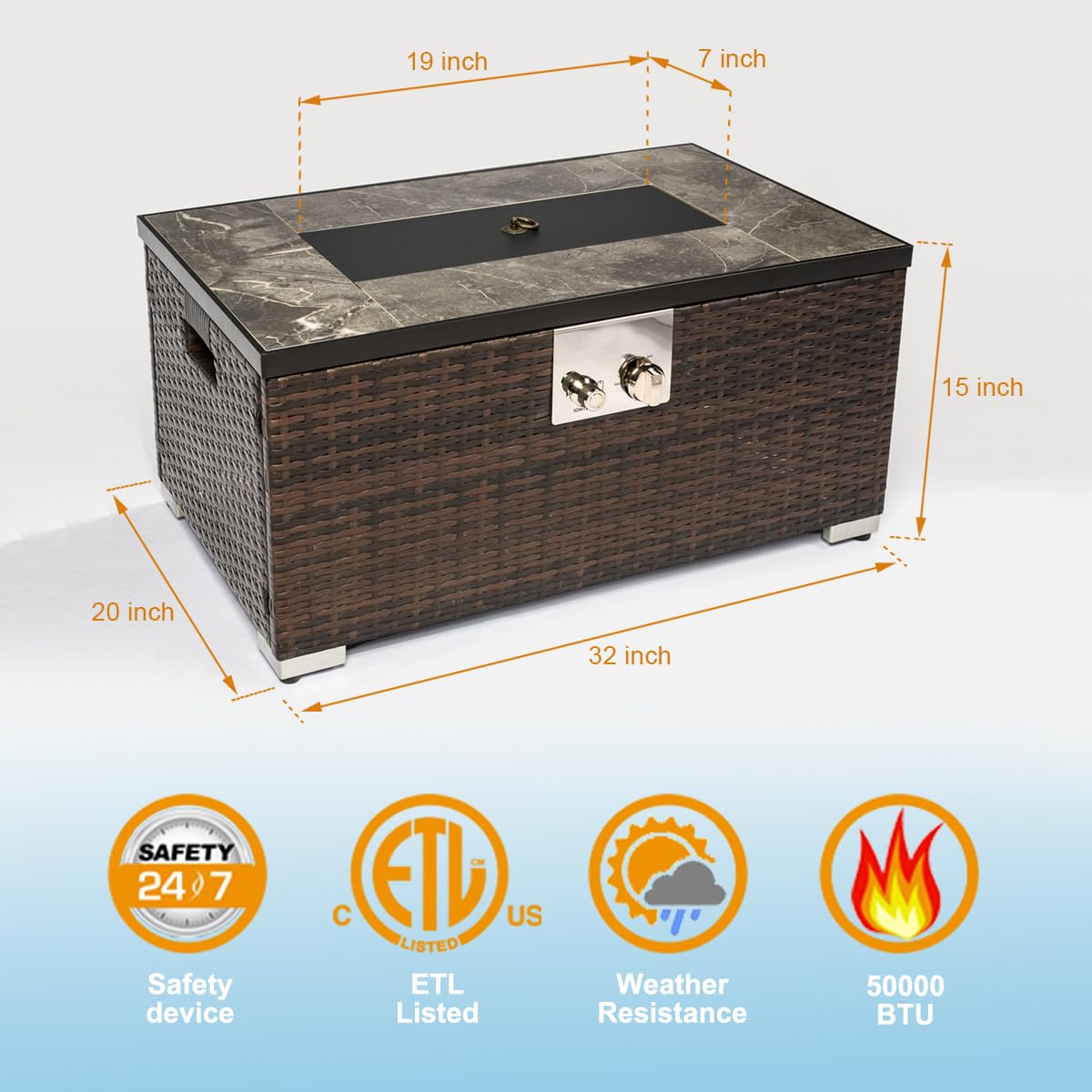 32'' Fire Pit Table with Natural Gas Conversion Kit, Marble Textured Ceramic Tabletop, 50, 000 BTU Fire Table with