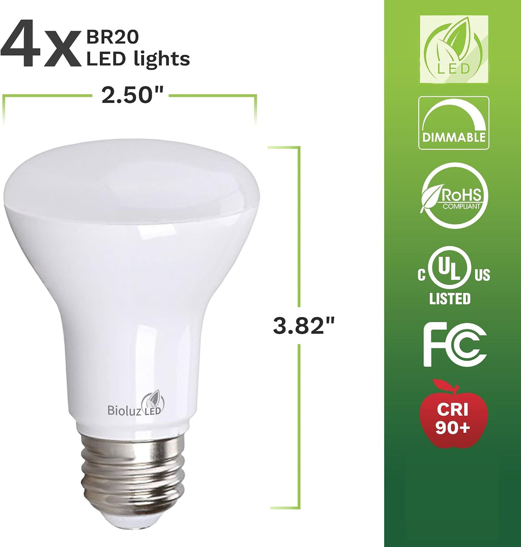 4 Pack BR20 LED Bulb 3000K Bright Soft White 6W=50W, 90 CRI, 540 Lumen, Dimmable LED Light Bulbs, Soft White Light