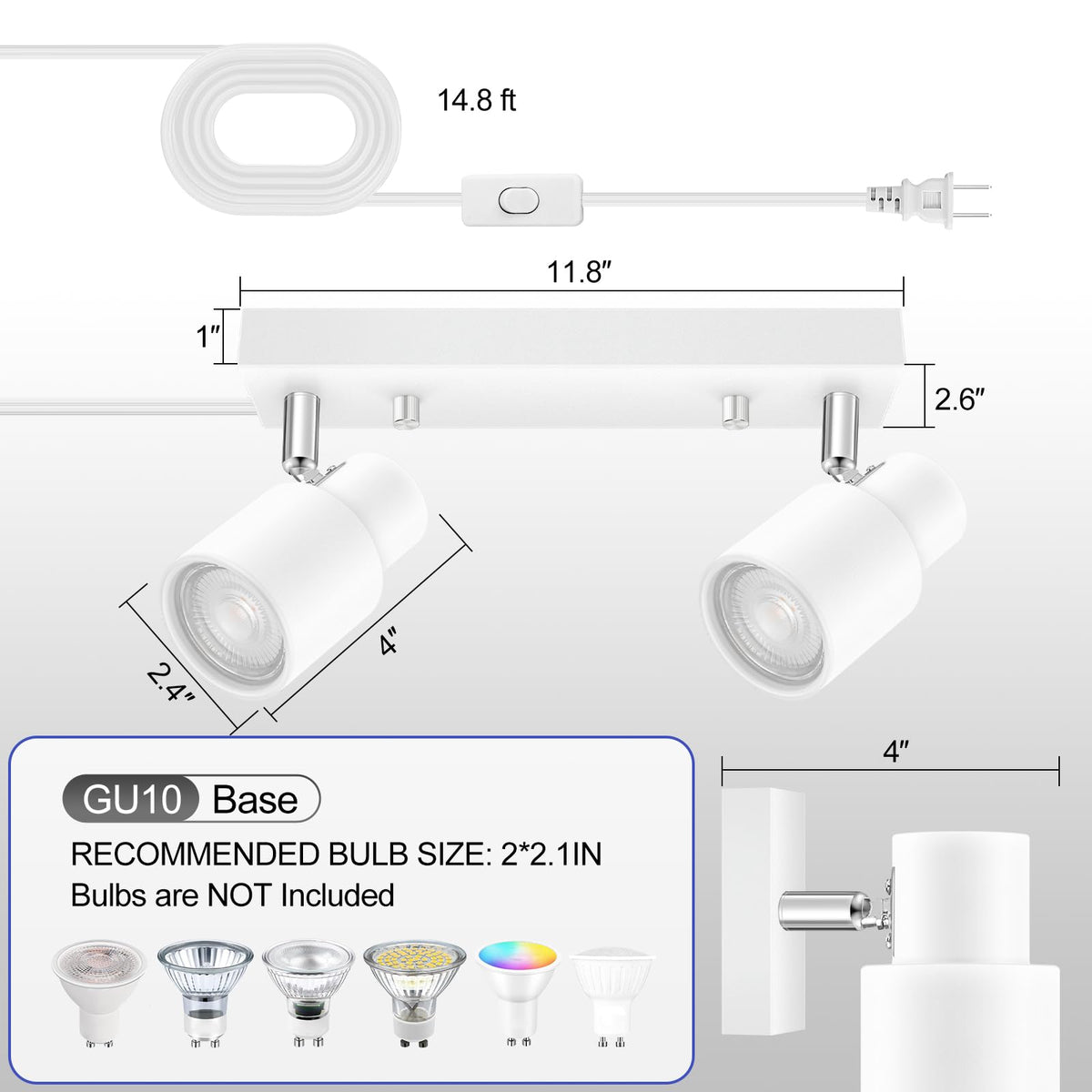 Plug in Track Lighting Fixtures Ceiling, White Track Light LED, 2-Light Track Lights with Cord, 2 Way Ceiling