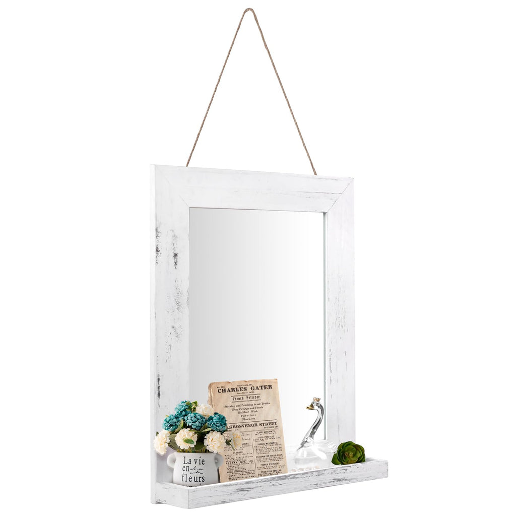 16" x 20" Farmhouse Wall Mirror with Shelf and Hemp Rope, White