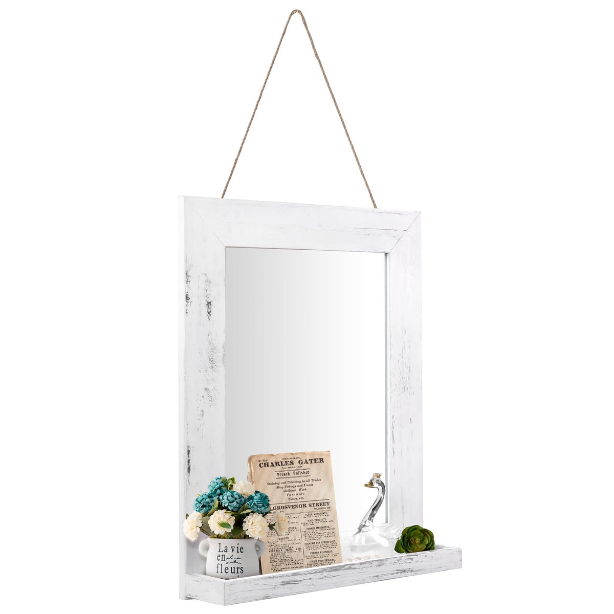 16" x 20" Farmhouse Wall Mirror with Shelf and Hemp Rope, White