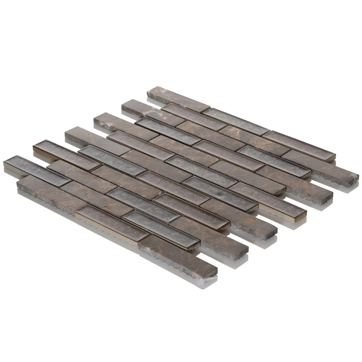 TDH175MO Emperador Dark Brown Marble Stone Mosaic Tile, Crackle Glass Blended Brick Joint Pattern Backsplash
