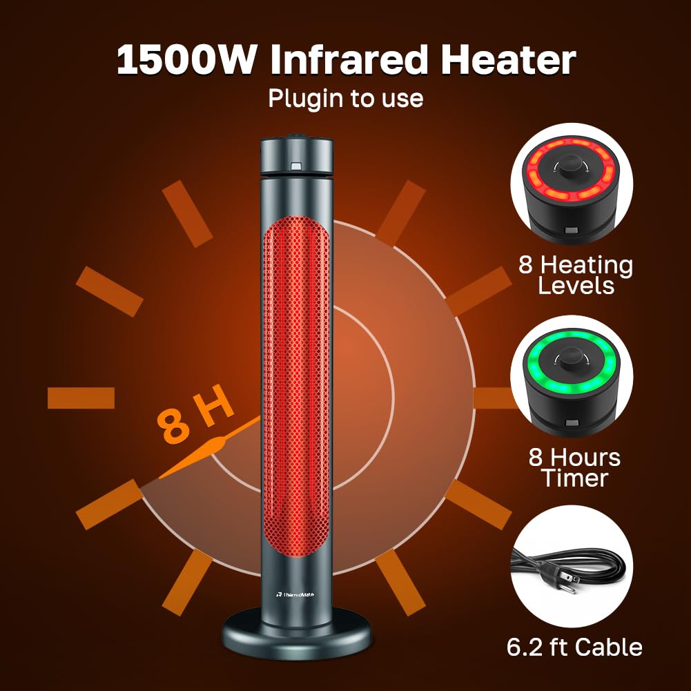 Electric Patio Heater, 1500W IP65 Outdoor/Indoor Infrared Heater with Remote, 8 Heating Levels 8-Hour Timer &